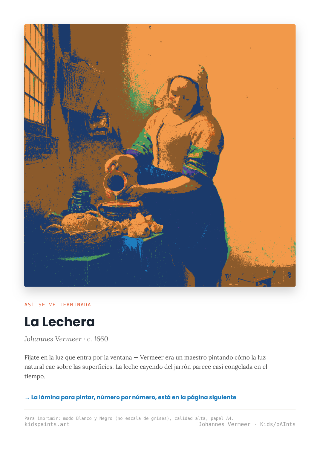 Lámina: La Lechera — Johannes Vermeer (7-10 años)