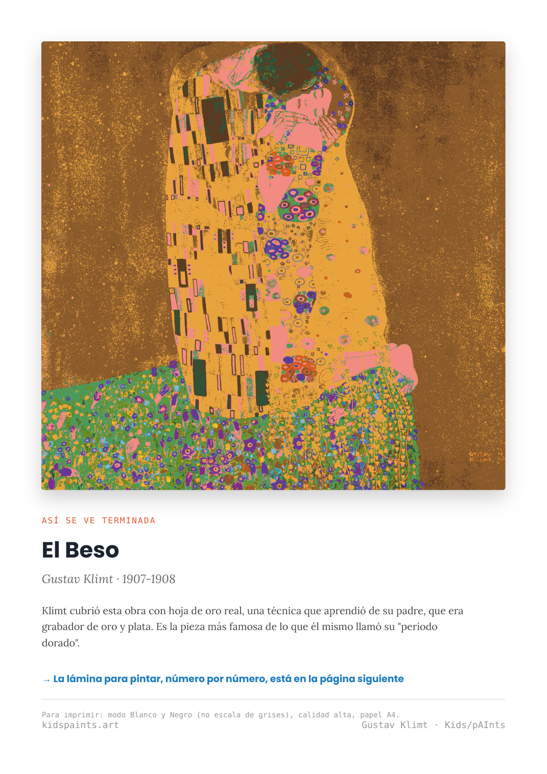 Lámina: El Beso — Gustav Klimt (11-14 años)