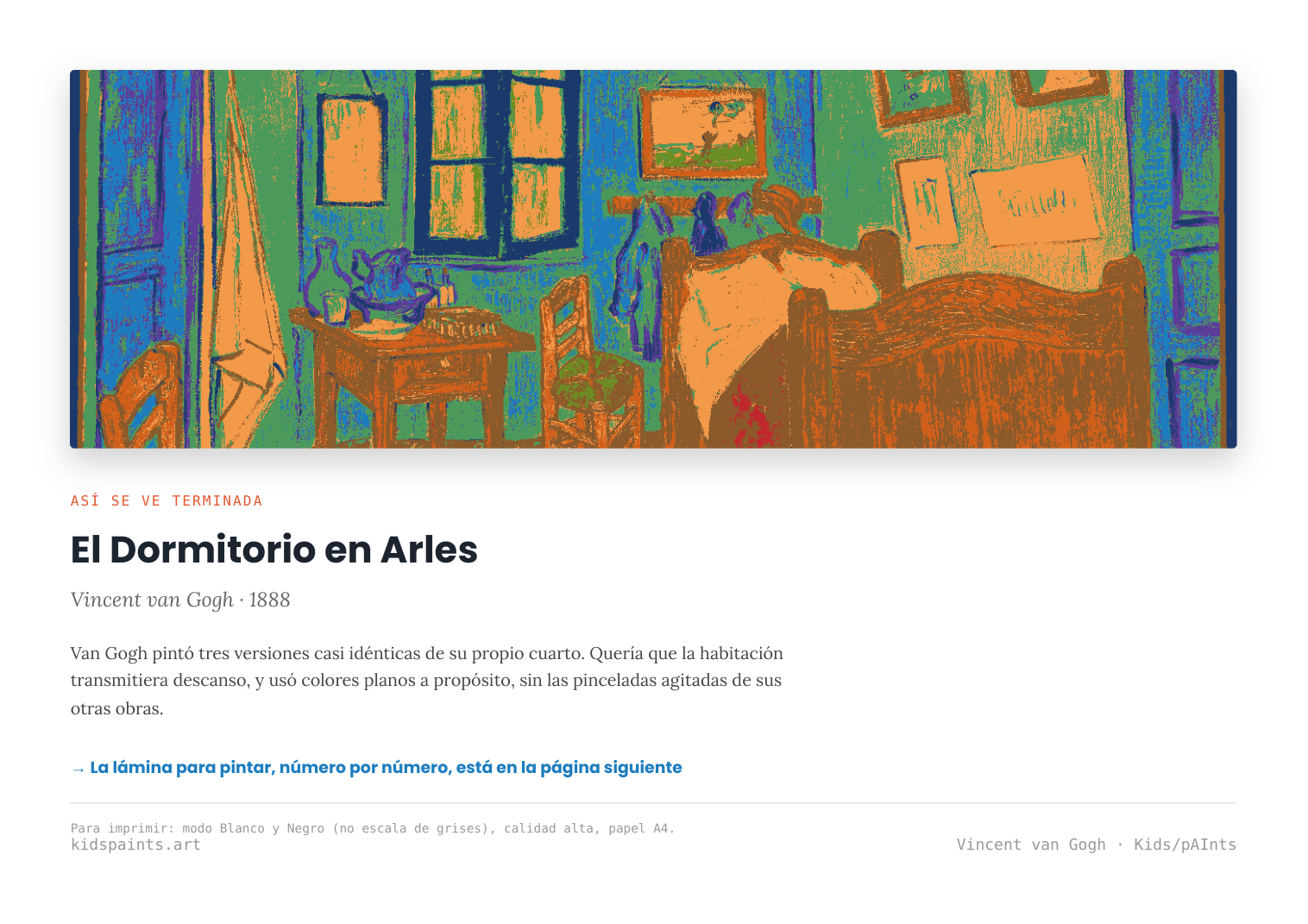 Lámina: El Dormitorio en Arles — Vincent van Gogh (7-10 años)