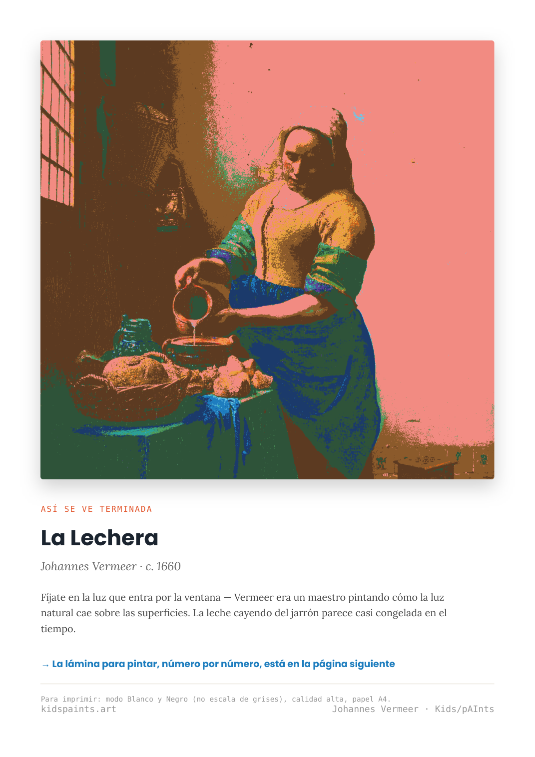 Lámina: La Lechera — Johannes Vermeer (11-14 años)