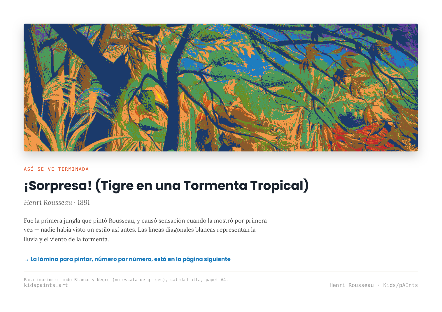 Lámina: Tigre en Tormenta Tropical — Henri Rousseau (7-10 años)