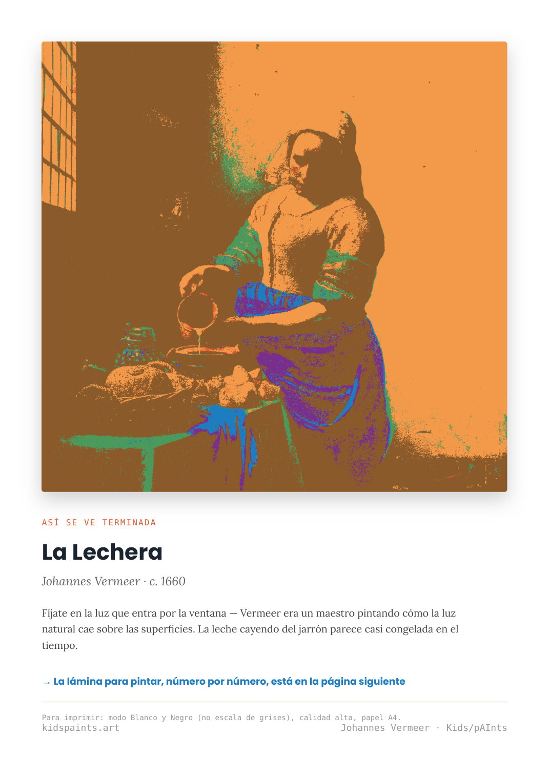 Lámina: La Lechera — Johannes Vermeer (3-6 años)